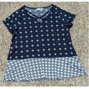 Kim Rogers Curvy Short Sleeve Knit Top Blouse Tunic Navy Size 1X Blue & White